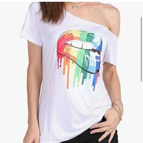 NWOT WHITE WITH RAINBOW LIPS ONESIDE CINCHED OFF ONE SHOULDERTOP SIZE 2X - Picture 13 of 15